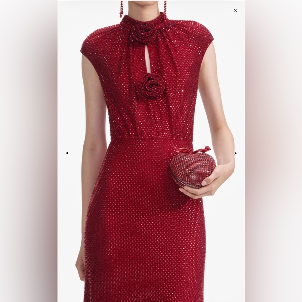 Self-Portrait Red Rhinestone Fishnet Midi Dress - Picture 6 of 10